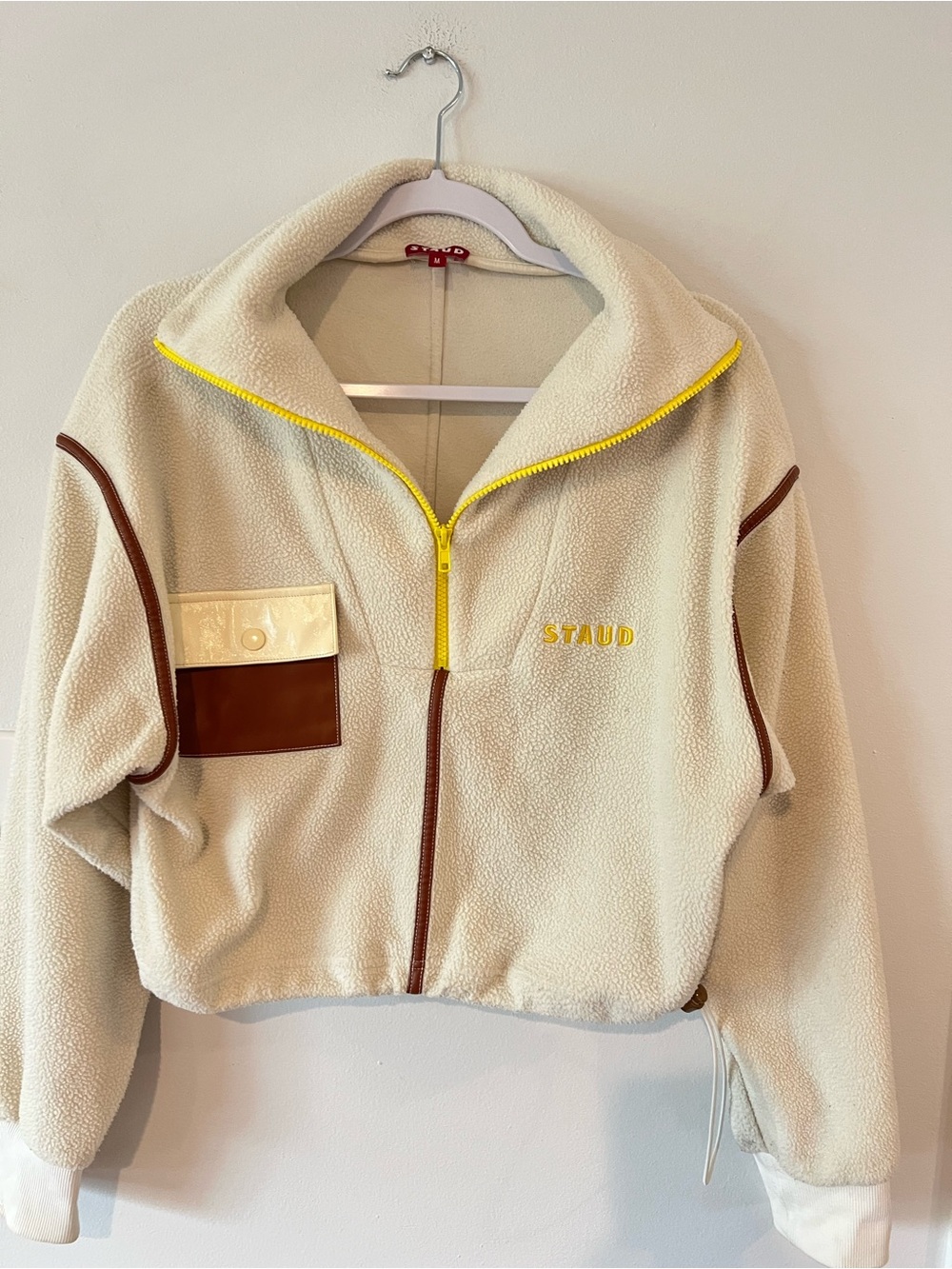 STAUD Timber Half Zip Cream Fleece Sherpa Jacket with Yellow Zip and Brown Trim